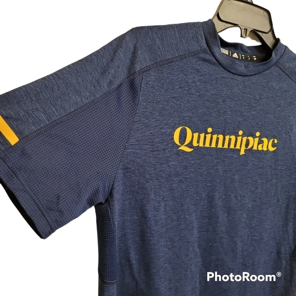 Adidas Navy Blue Yellow Graphic Quinnipiac Short Sleeve Athletic‎ Top Size Small